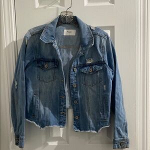 Kan Can Blue Cropped Jean Jacket with Distressed Details